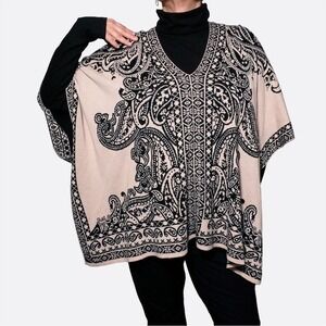 Flying Tomato Plus Size Boho Paisley Knit Poncho Sweater Beige Black 1X‎ 2X